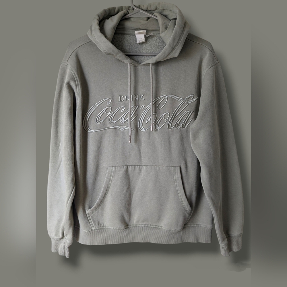 H&M Sage Green Drink Coca Cola Graphic Fleece Hoodie Novelty